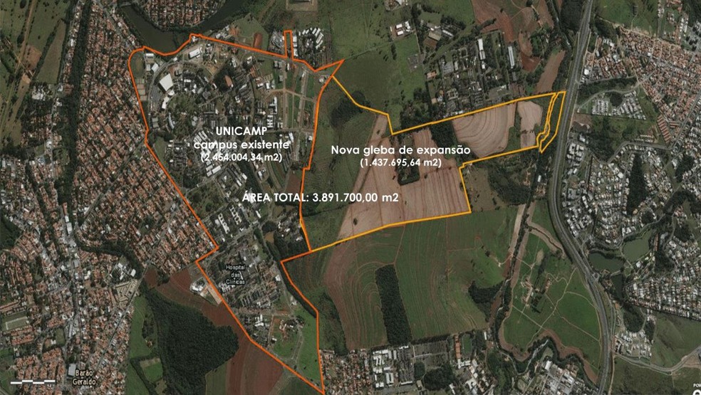 Com área adquirida pela Unicamp em 2013, a Fazenda Argentina, área total chega a 3,8 milhões de metros quadrados, em Campinas. — Foto: Reprodução/Plano Diretor Unicamp